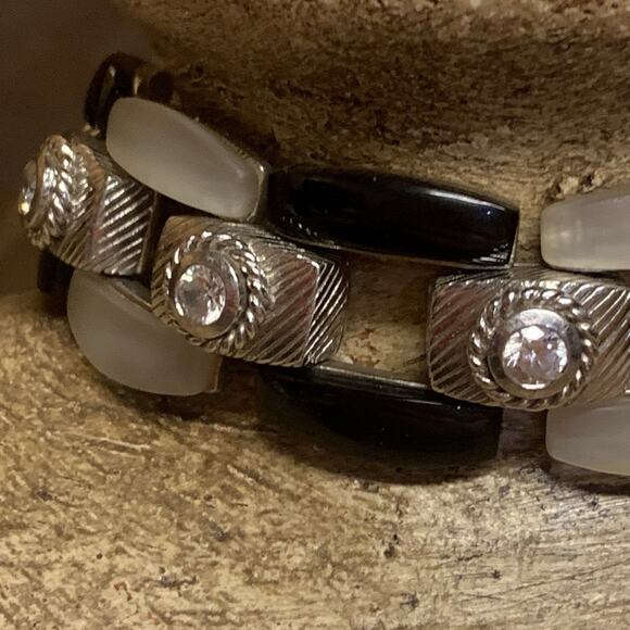 Judith Ripka Bracelet Sterling Silver, Black Onyx, MOP, and CZ Hinged 7.75 Inch - Picture 3 of 11
